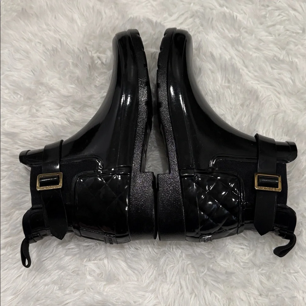 Hunter Refined Quilted Gloss Rain Boots Black Ankle Buckle Size 7